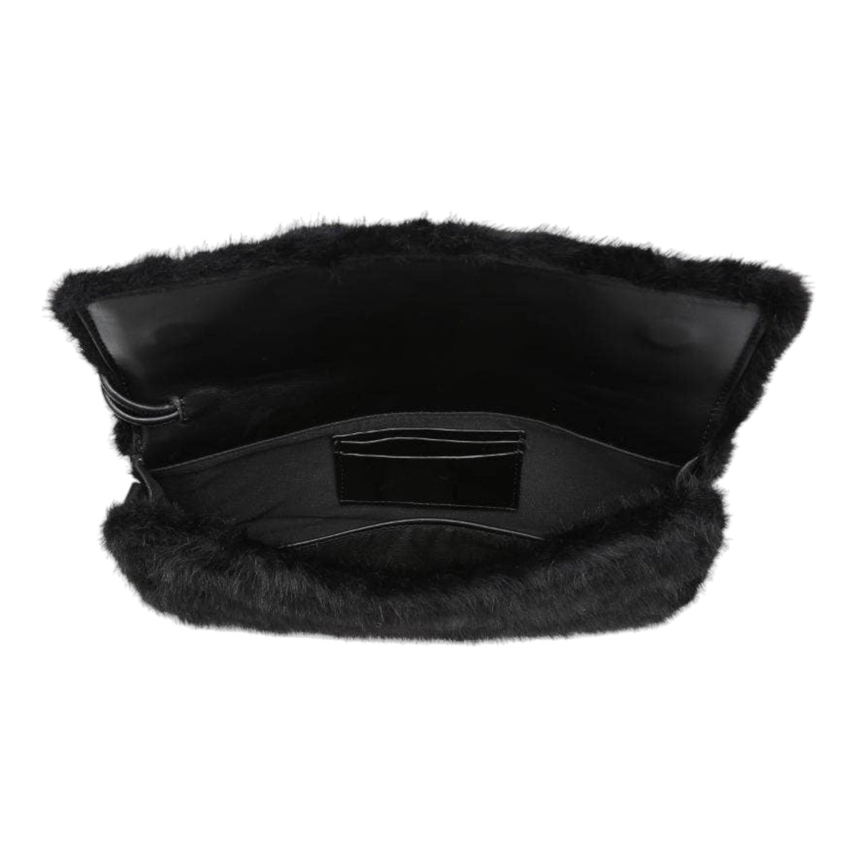 Black faux fur clutch bag shown open to display the interior, featuring a black faux leather cardholder and a black interior lining, set against a plain white background.