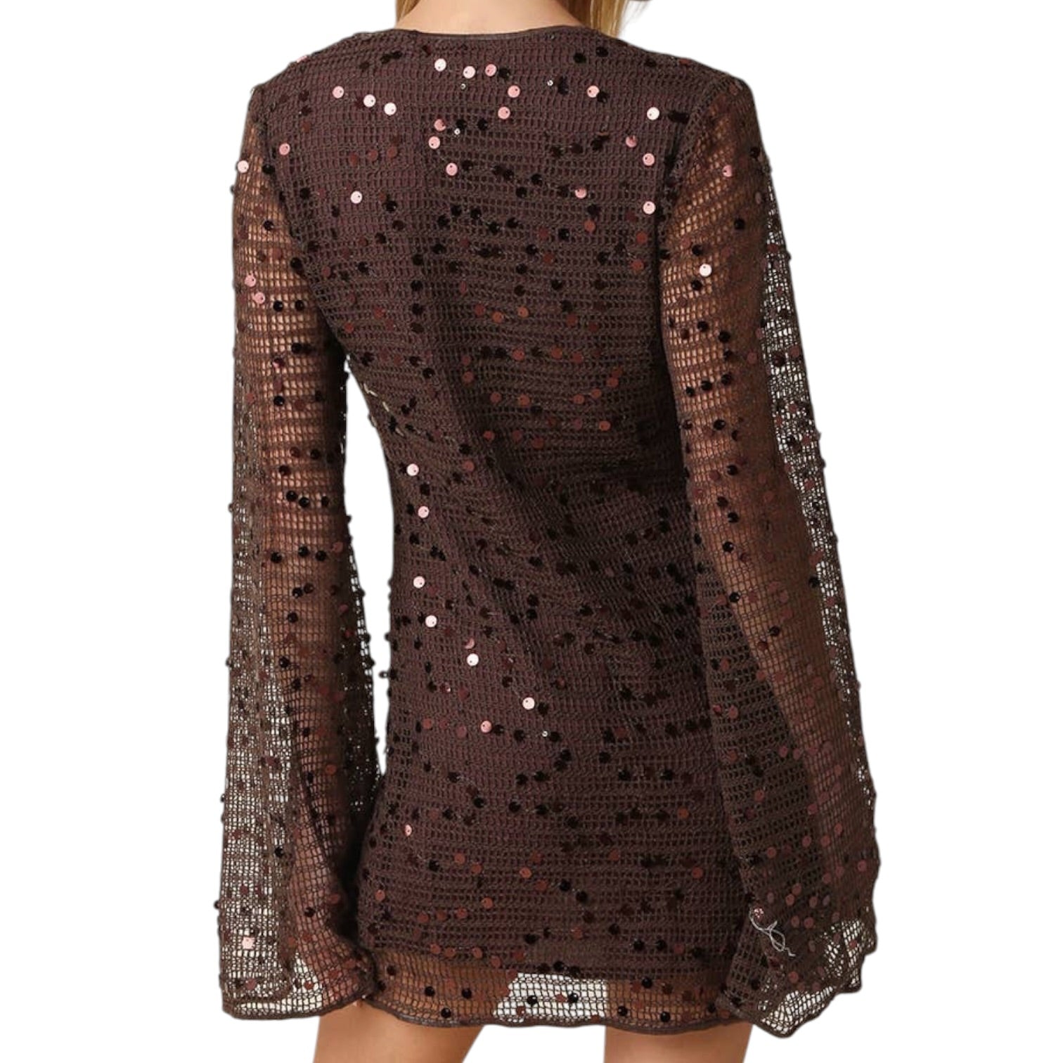 Brown dress with sequin detailing on a white background