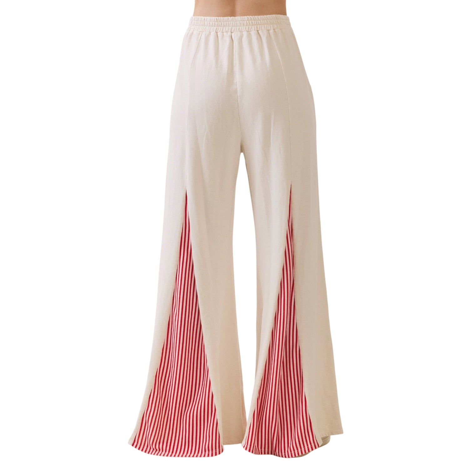 Beige pants with red striped sides on a white background