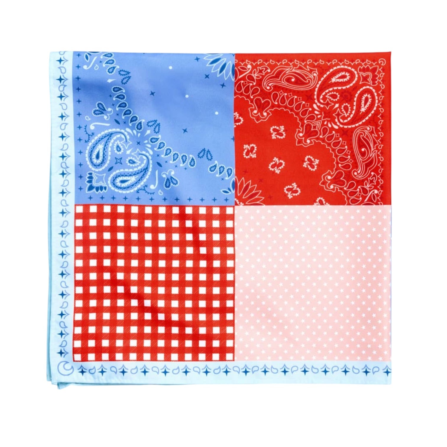 Four different patterned bandanas arranged in a 2x2 grid on a white background.
