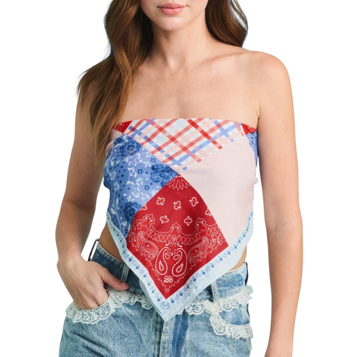 Woman wearing a strapless top made of bandana fabric on a white background