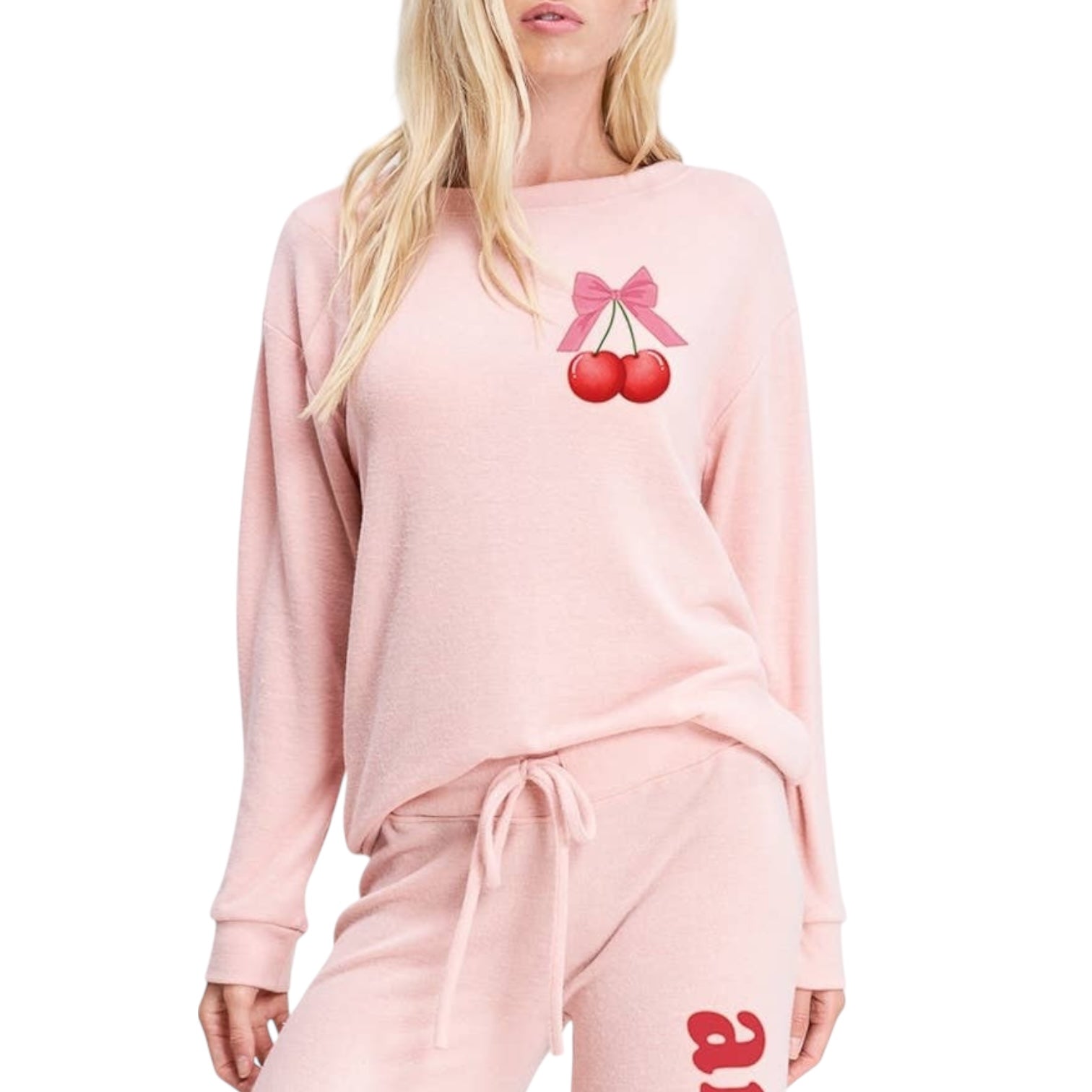 Pink lounge set with cherry design on a white background