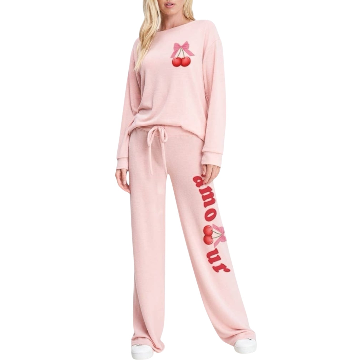 Pink lounge set with cherry design on a white background