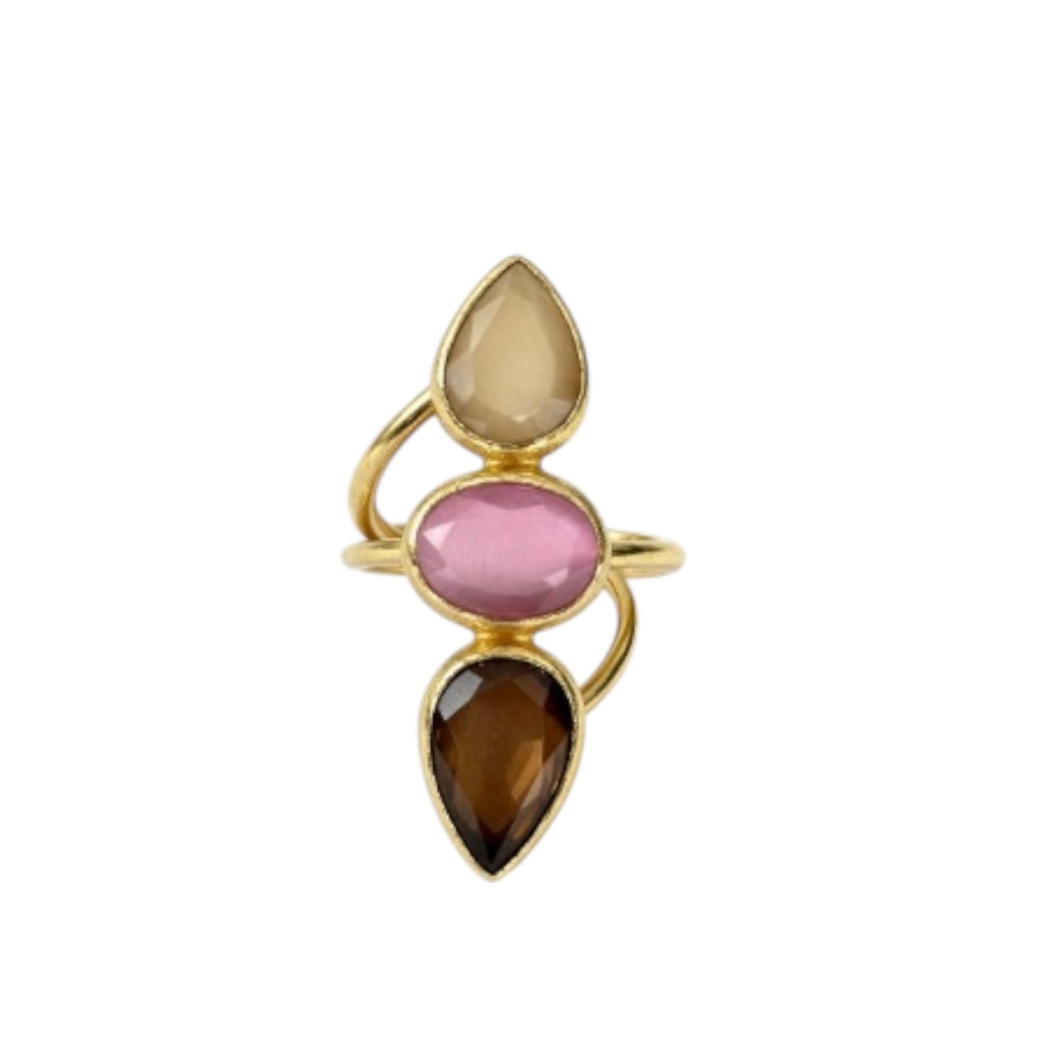 Gold ring with three colored gemstones on a white background