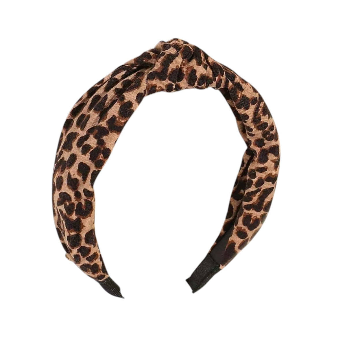 A leopard print fabric headband with a twisted knot detail at the top, shown against a plain white background.