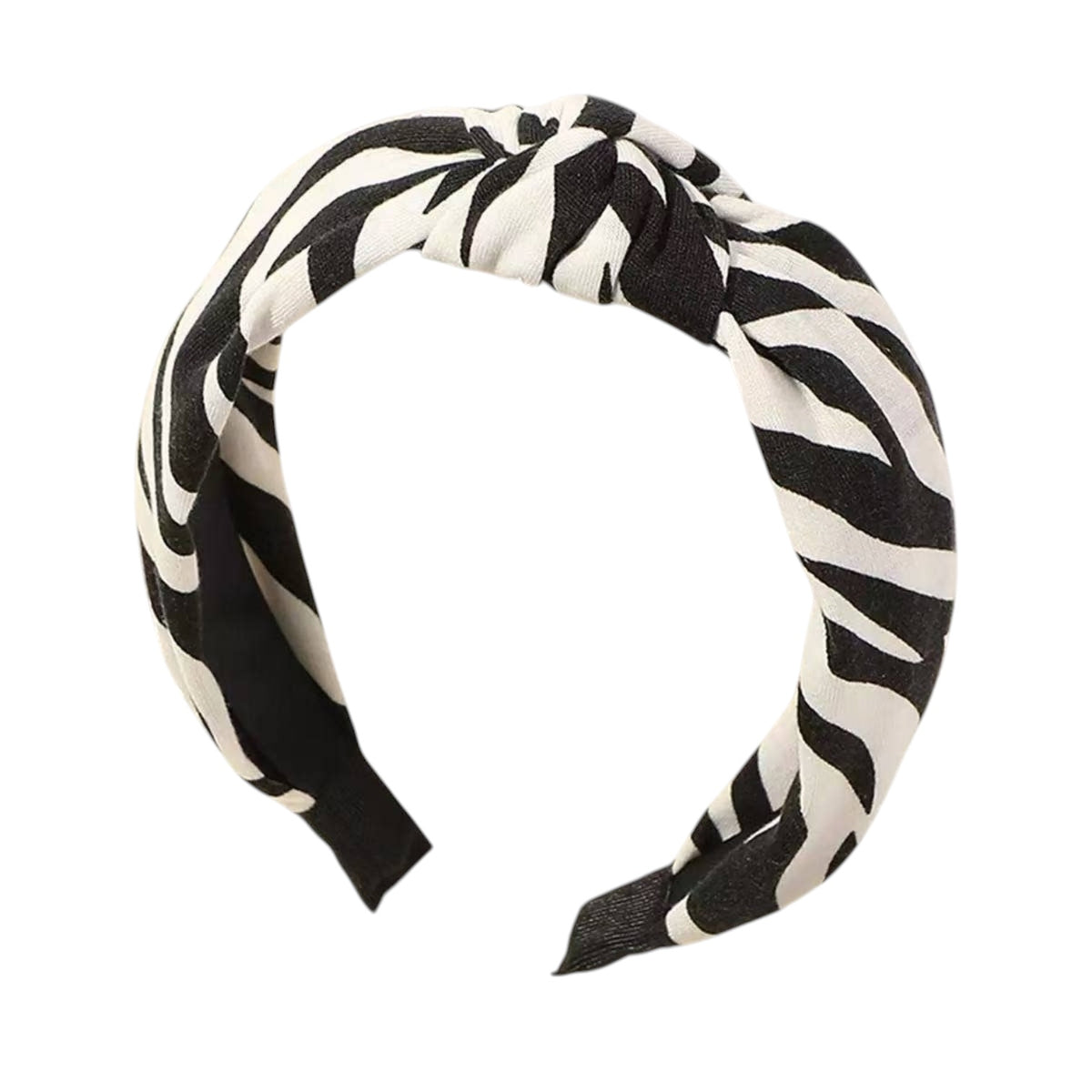 A twisted fabric headband with a black and off-white zebra print pattern, shown against a plain white background.