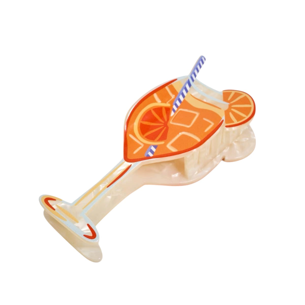 Hair claw clip with orange slices and a straw on a white background