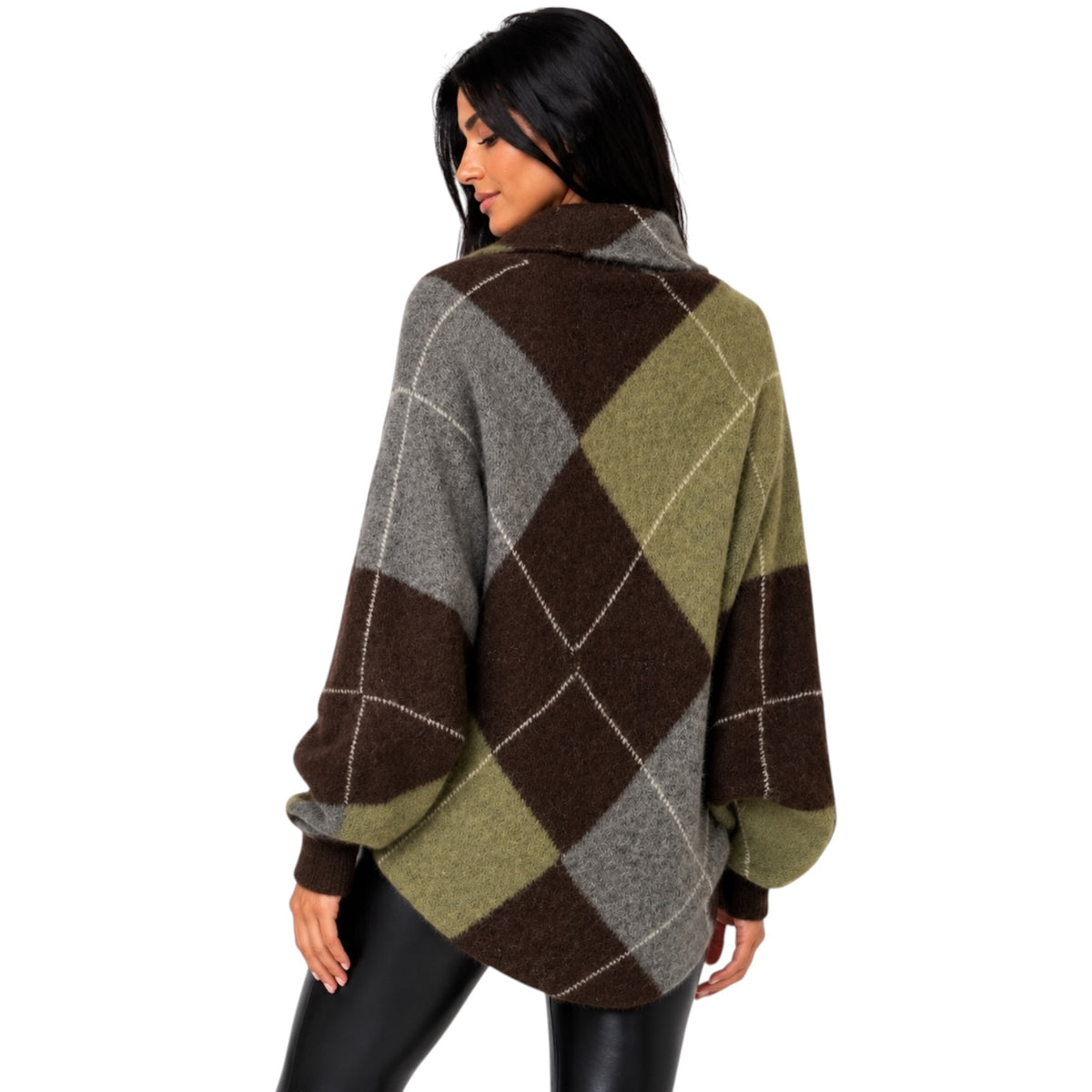 A woman shown from the back wearing a loose, oversized argyle sweater with a high collar. The sweater features a color-blocked pattern of dark brown, olive green, and light gray with thin white grid lines.