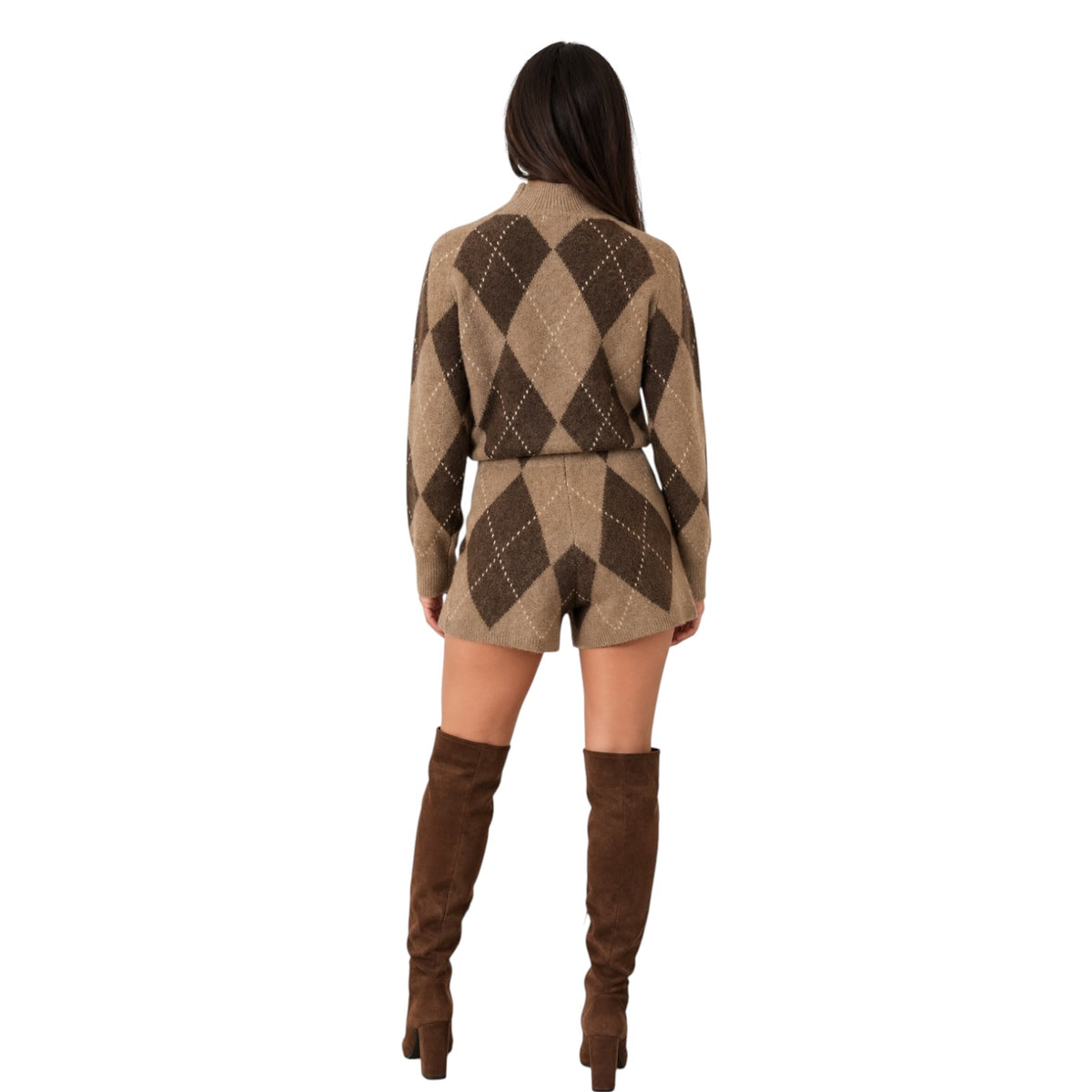 A woman shown from the back wearing a beige and brown argyle knit cardigan and matching shorts, paired with brown over-the-knee boots, against a plain white background.