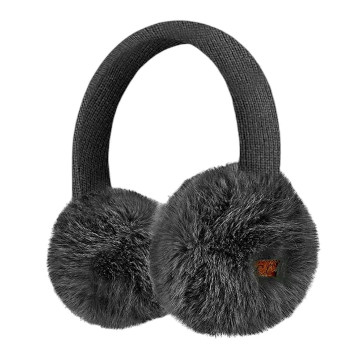 Dark gray faux fur earmuffs with a matching ribbed fabric headband, shown against a plain white background.