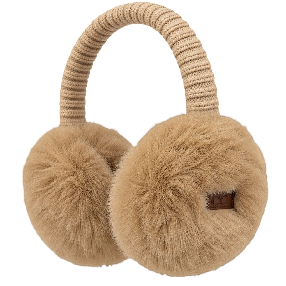 Beige faux fur earmuffs with a thick ribbed knit headband, shown on a solid white background.