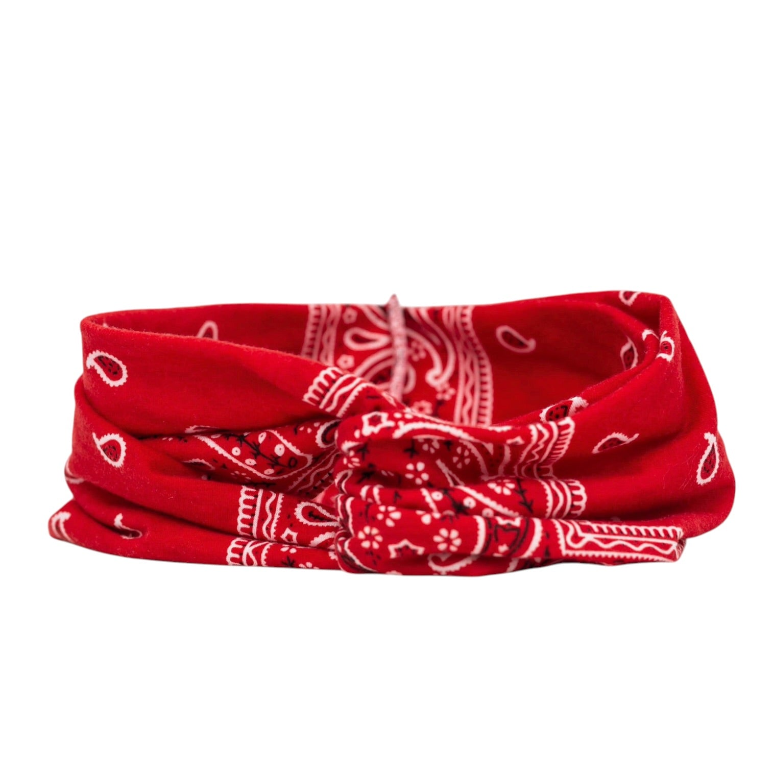 Red bandana with white patterns on a white background