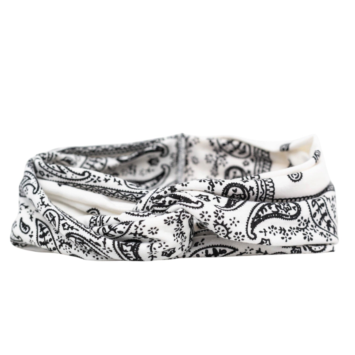 White headband with black paisley pattern on a white background