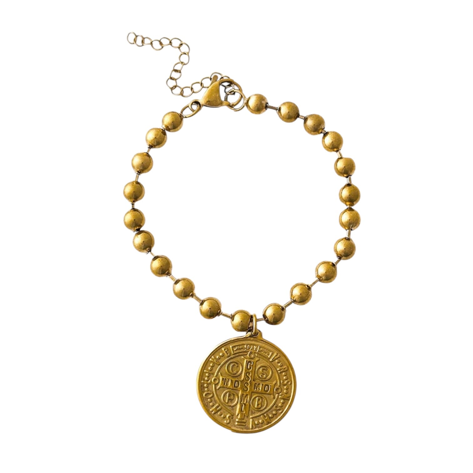 Gold beaded bracelet with a medallion on a white background
