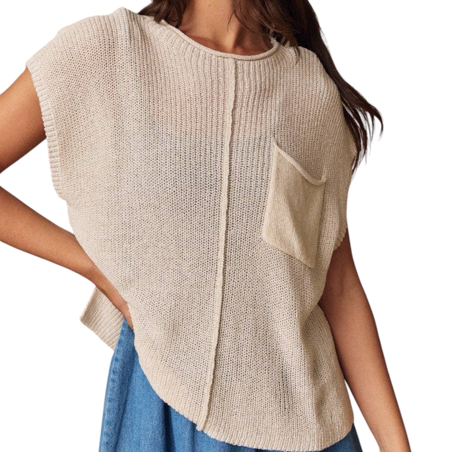 Beige knitted vest with a pocket worn by a person on a white background