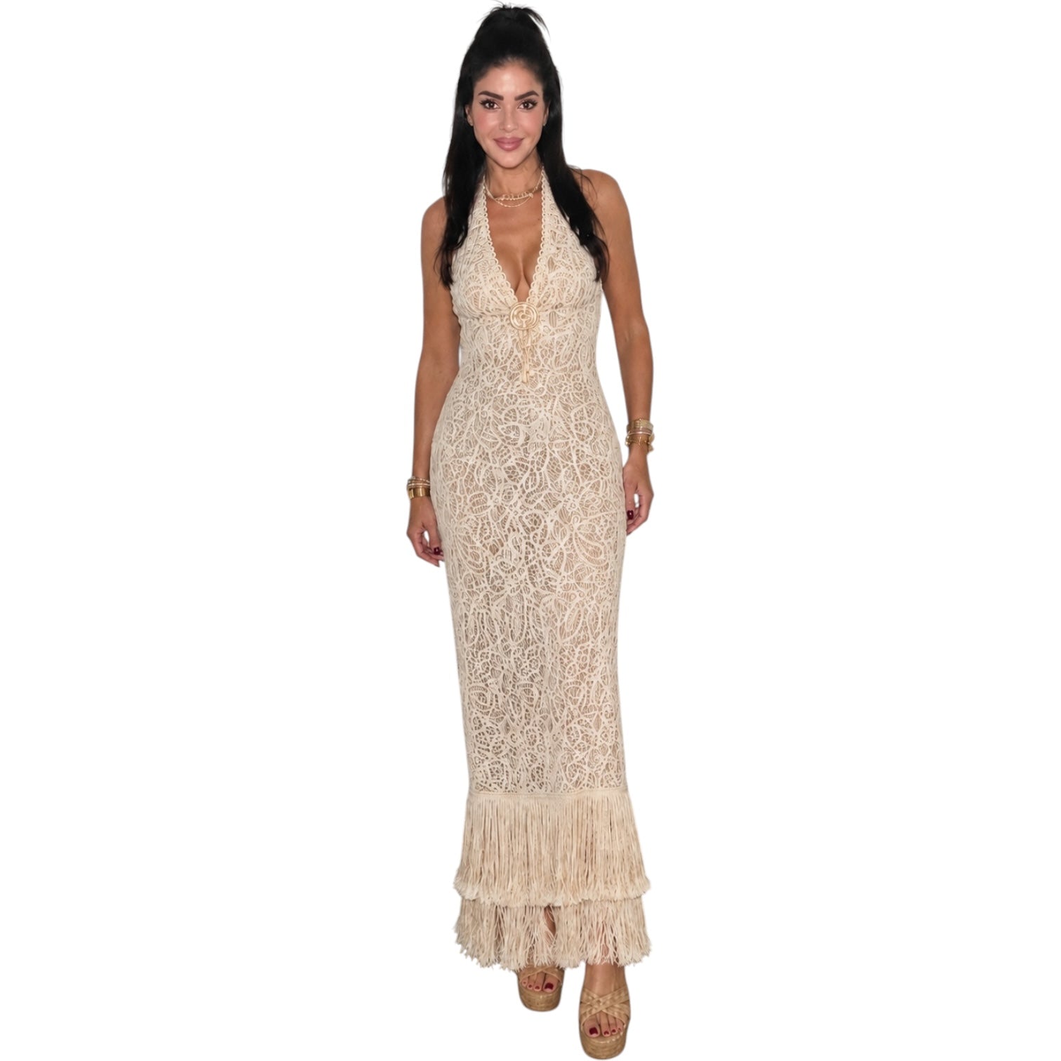 Beige lace dress with fringe hem on a white background