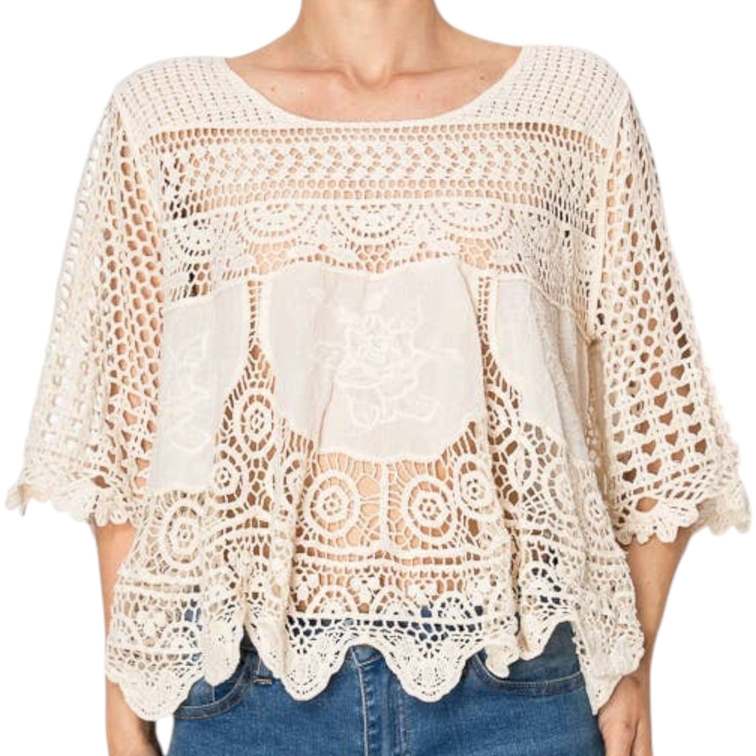 woman wearing crochet top on white background