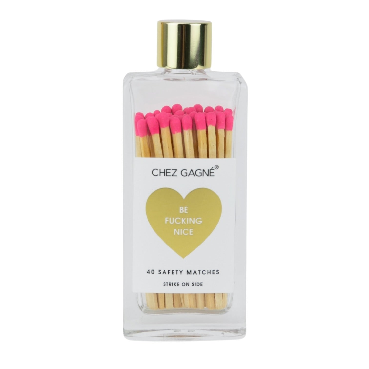 Matches with pink tips in a clear container labeled 'Chez Gagne' on a white background