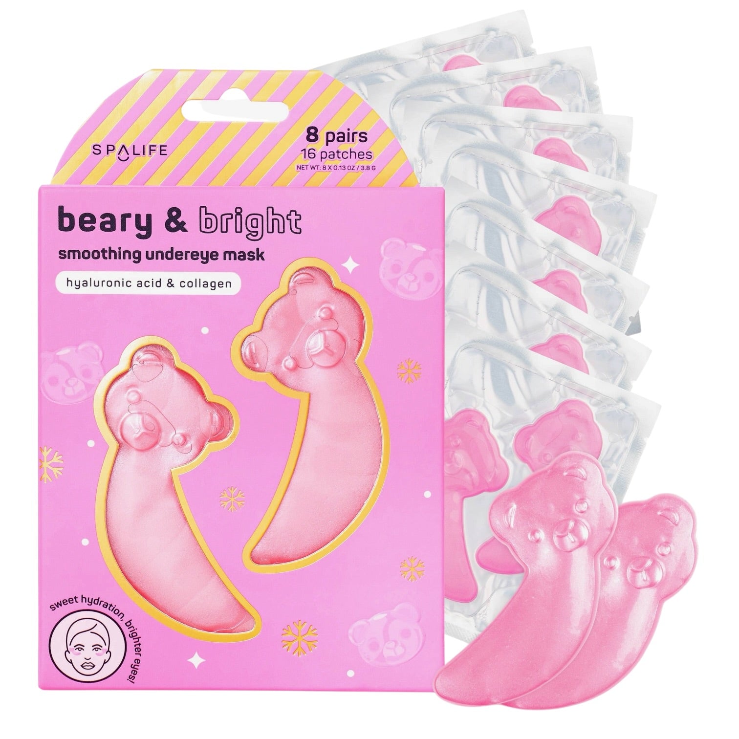 SPALIFE beary & bright smoothing underneath mask set, showing the pink retail box with yellow accents and several translucent pink peel patches arranged behind and beside it on a white background.