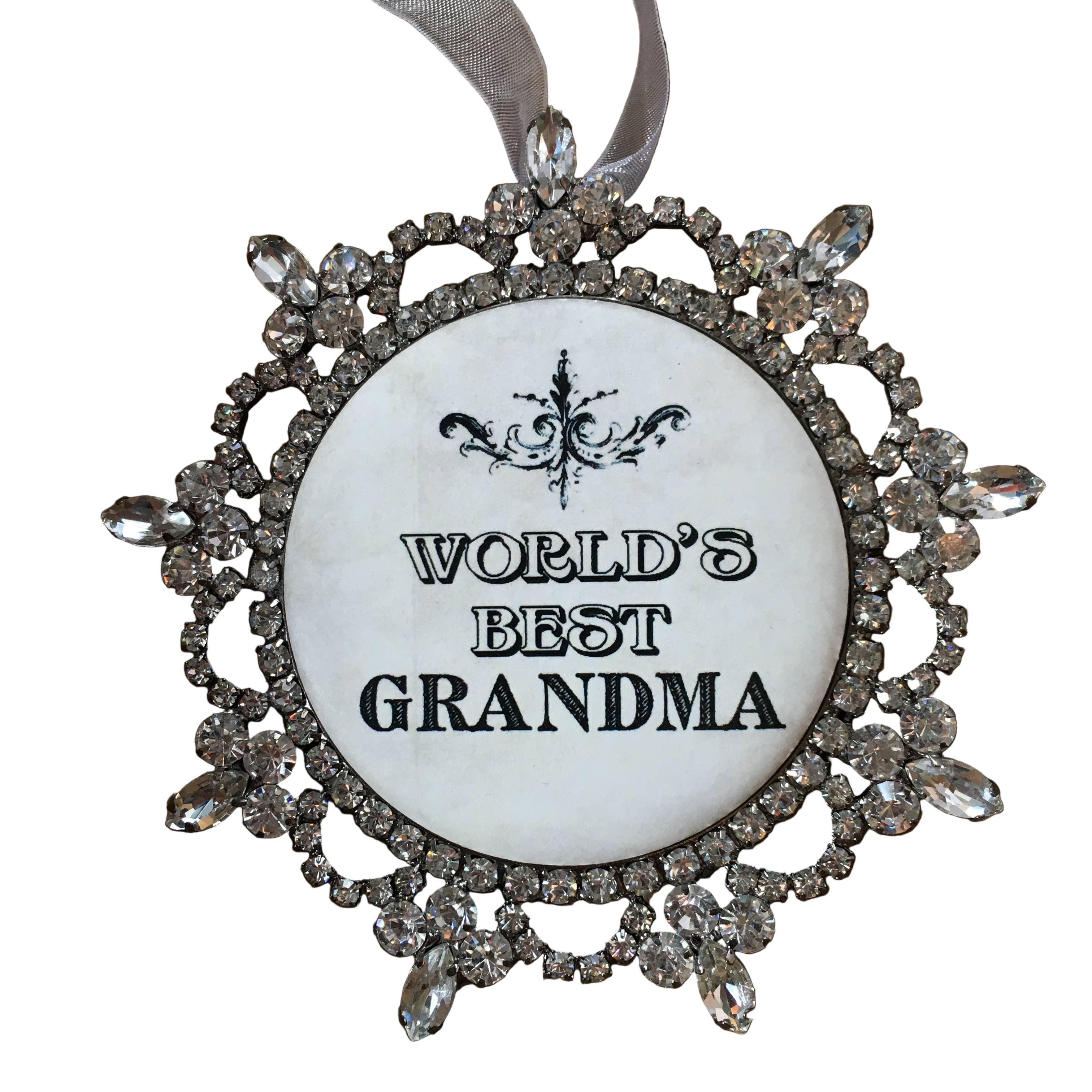 Decorative ornament with 'World's Best Grandma' text on a white background