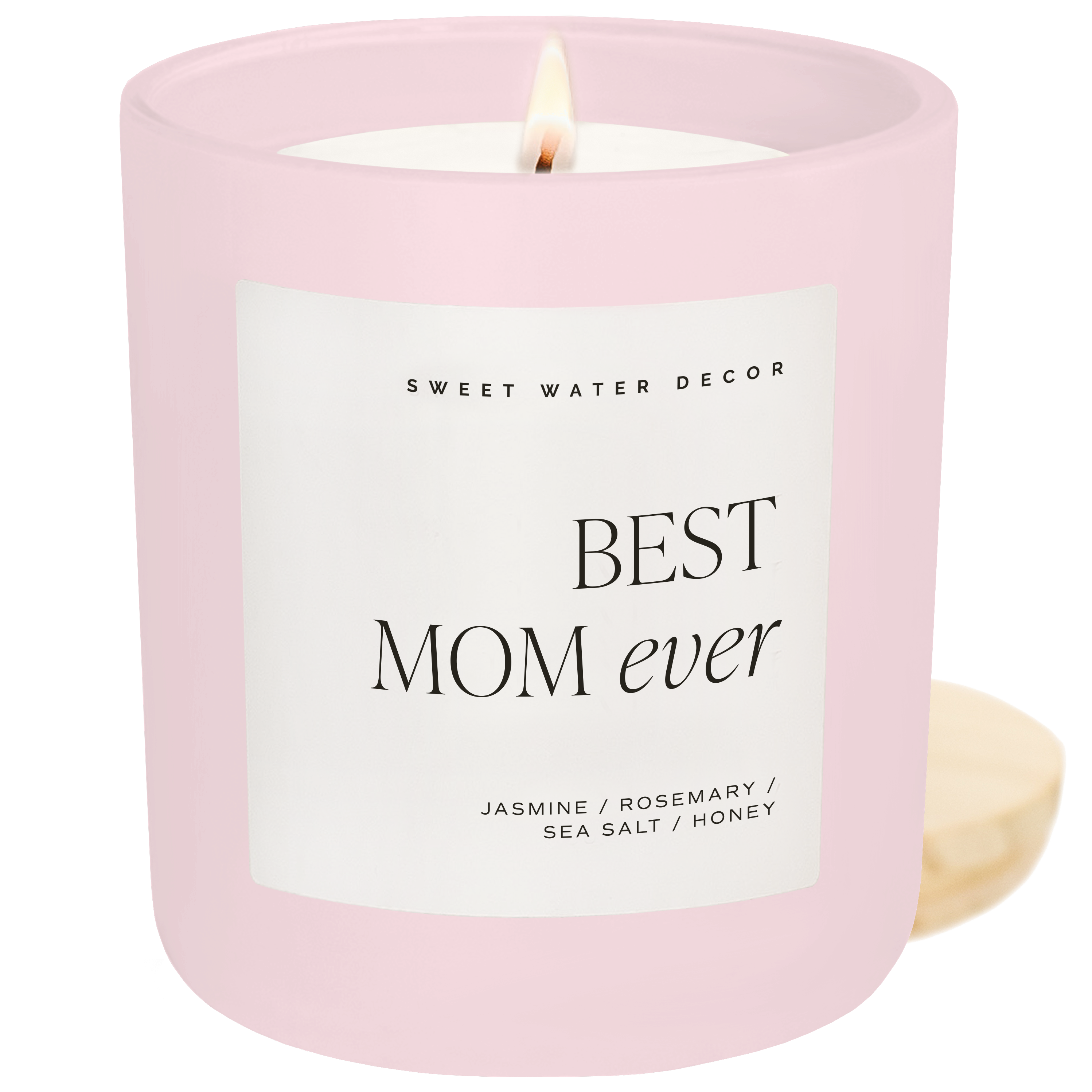 Pink candle with 'Best Mom ever' label on a white background