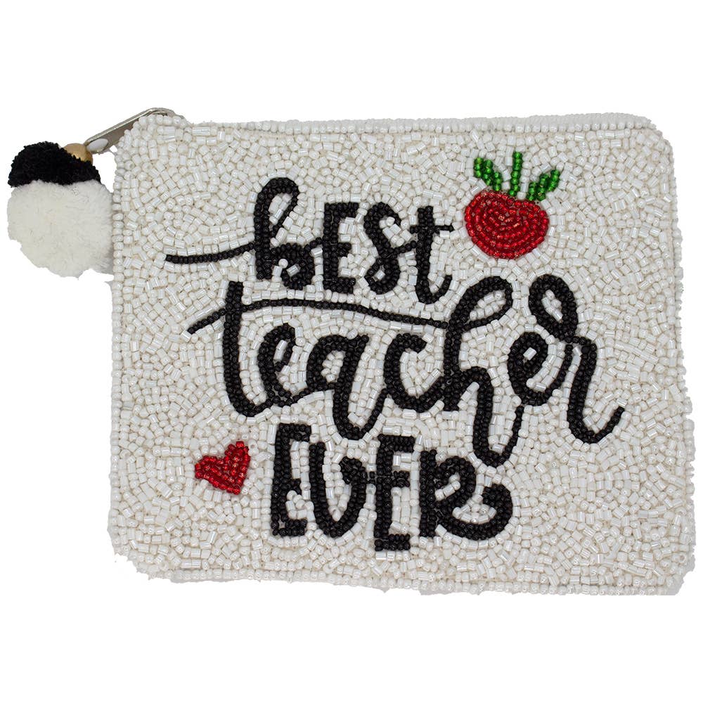 Beaded pouch with 'Best Teacher Ever' text and decorative elements on a white background