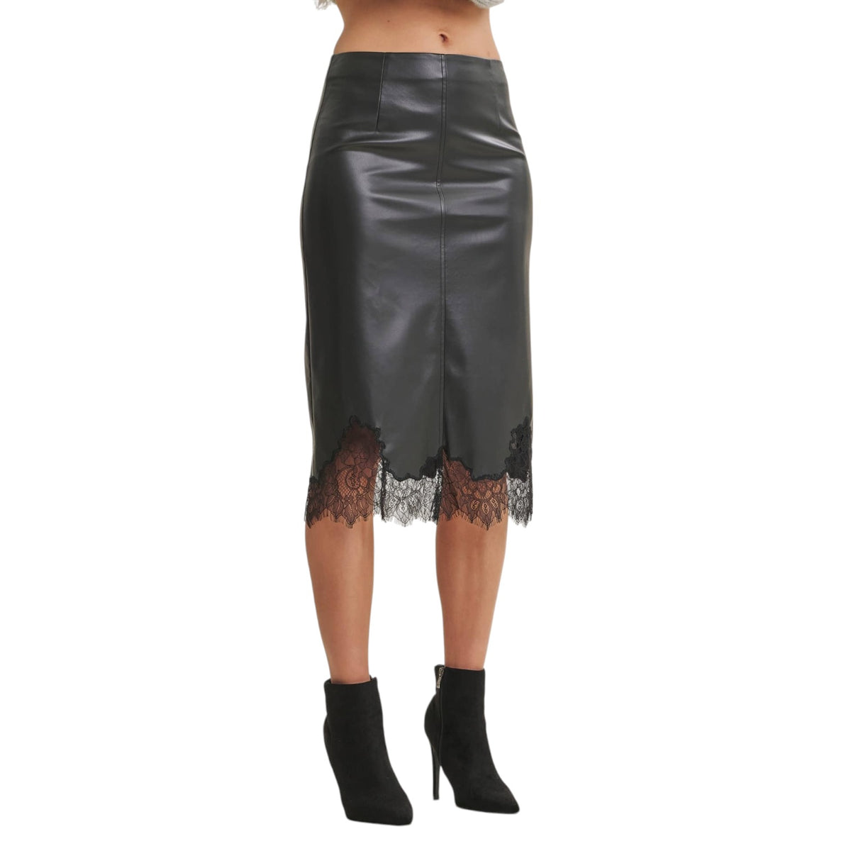 A black faux-leather midi skirt with a front slit and black lace trim at the hem, shown on a model wearing black ankle boots against a white background.