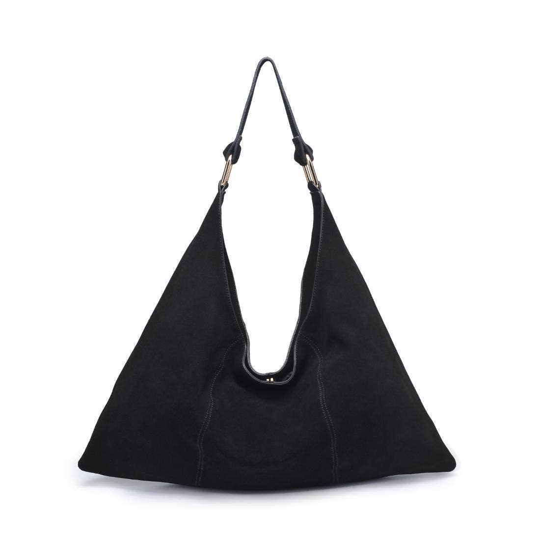 Black handbag with a strap on a white background