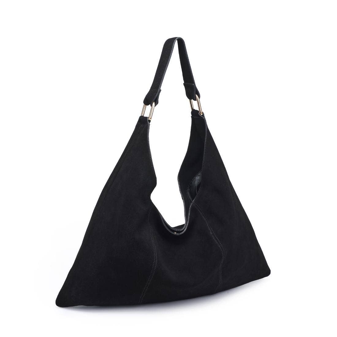 Black handbag with a unique design on a white background