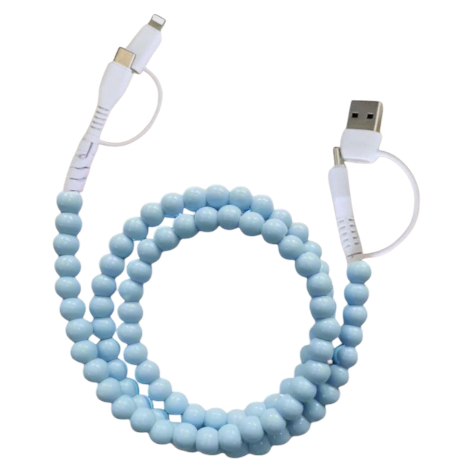Light blue beaded cable with USB connectors on a white background