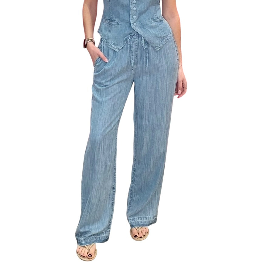 Light blue denim pants worn by a person on a white background