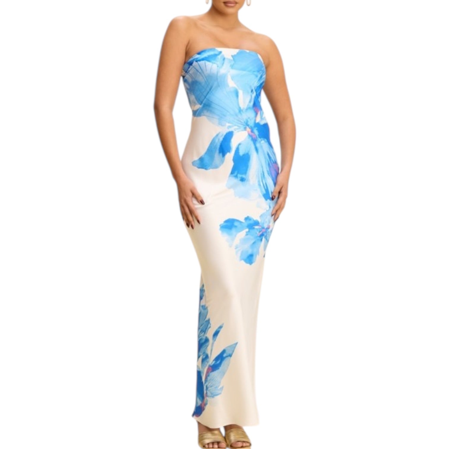 Woman wearing a strapless floral dress with blue and white flowers on a white background