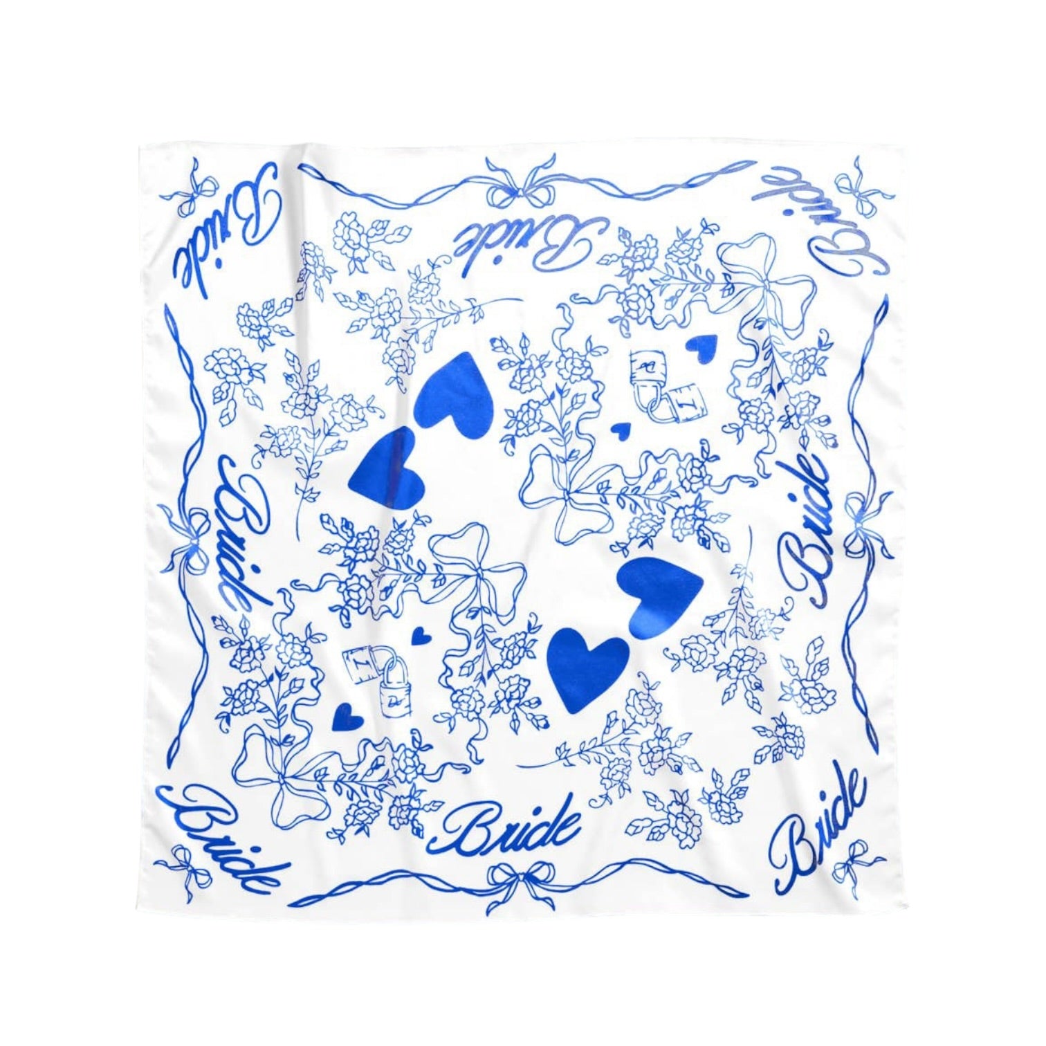 White handkerchief with blue floral and heart patterns and 'Bride' text on a white background