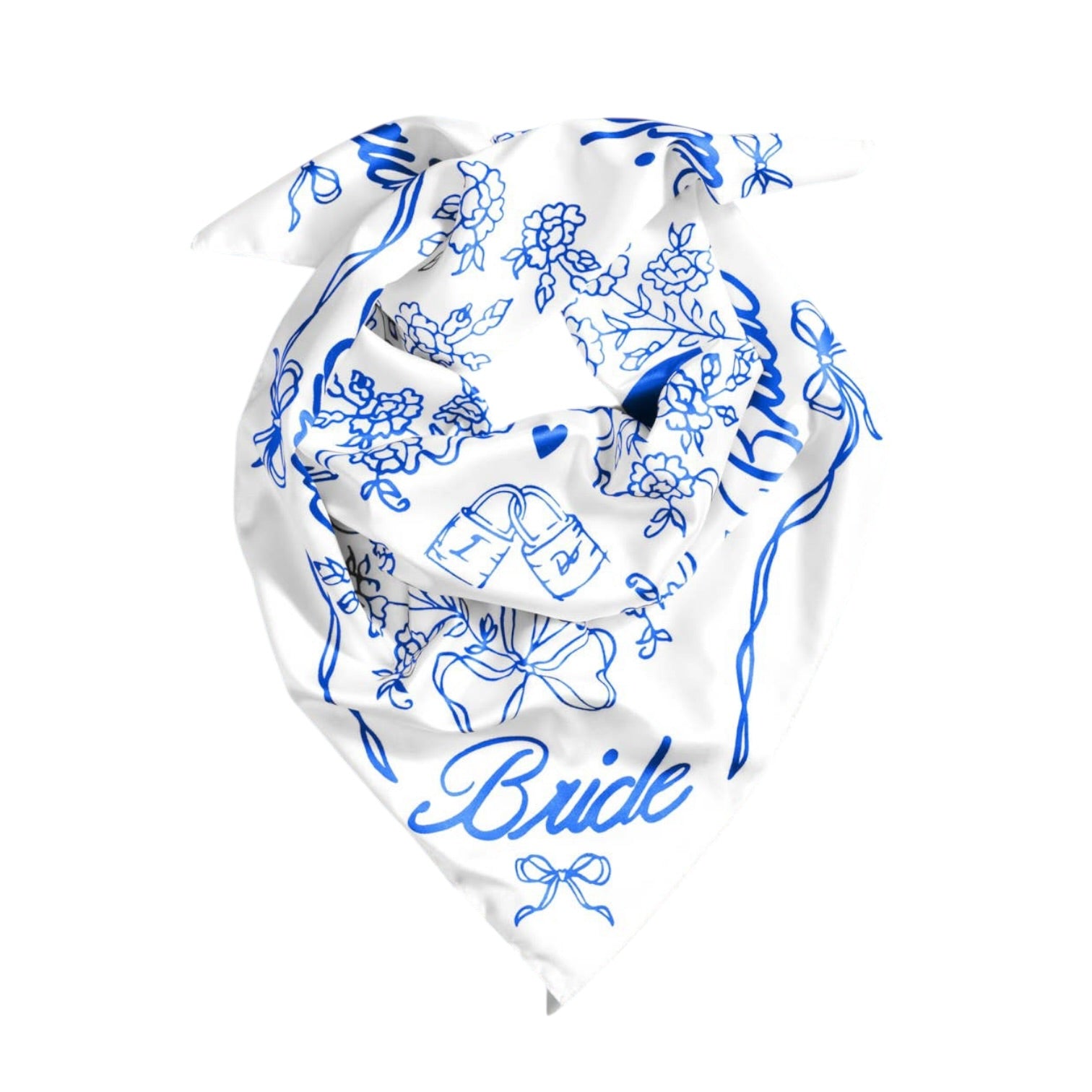 White bandana with blue floral and bow designs, and the word 'Bride' printed on it, on a white background.