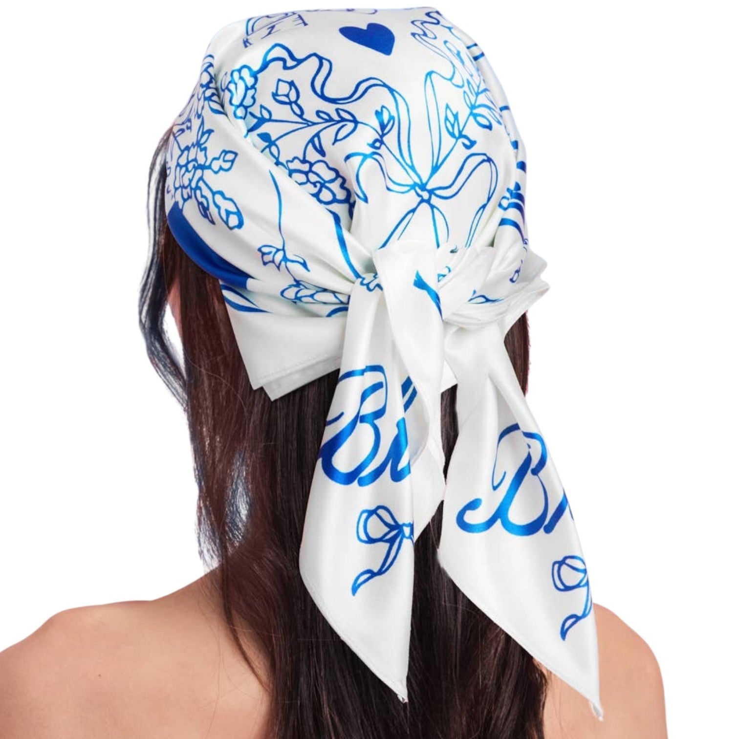 White headscarf with blue patterns tied around a person's head on a white background