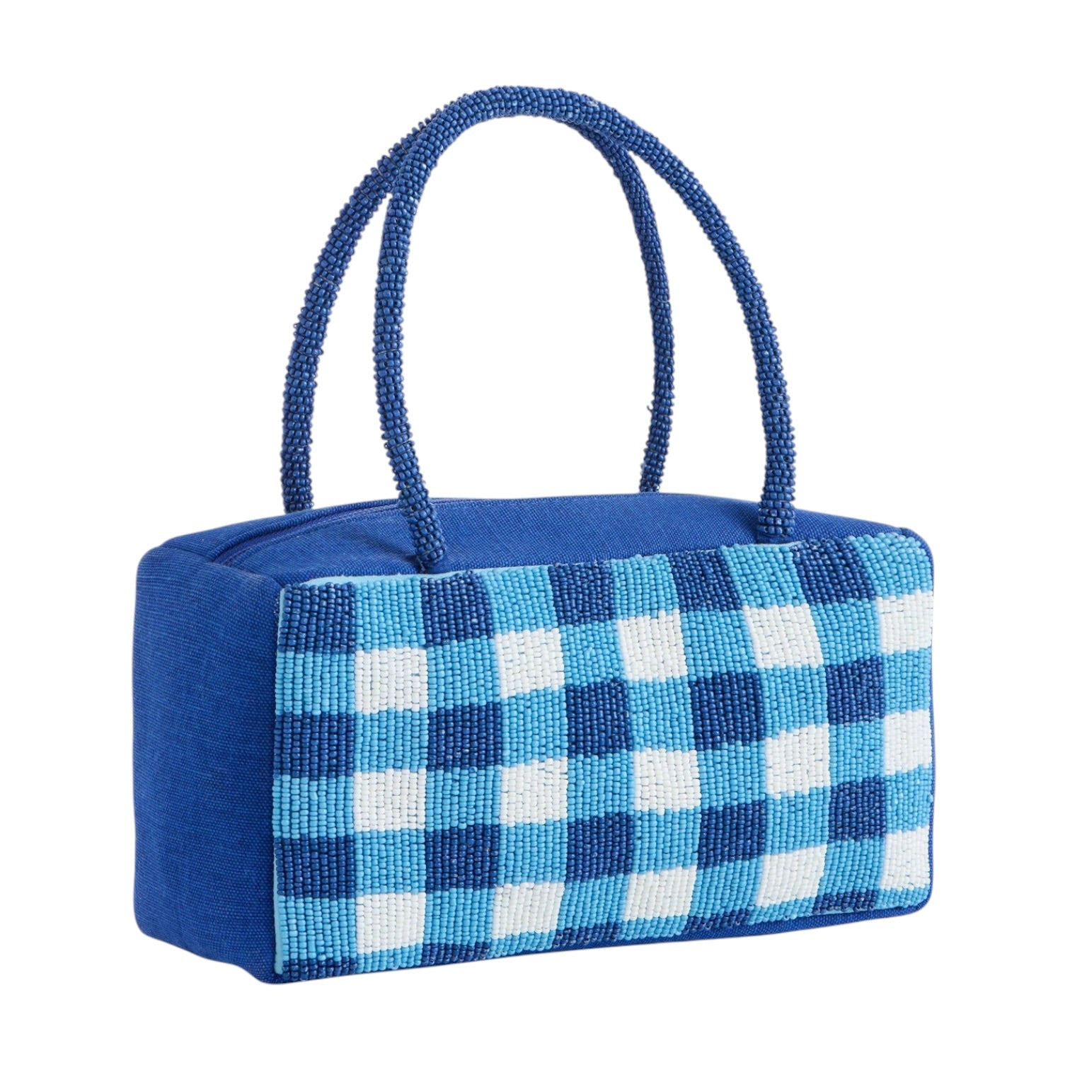 Blue checkered handbag with a red and white fish design on a white background