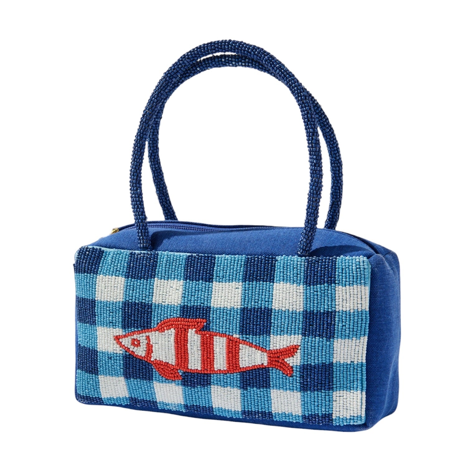 Blue checkered handbag with a red and white fish design on a white background
