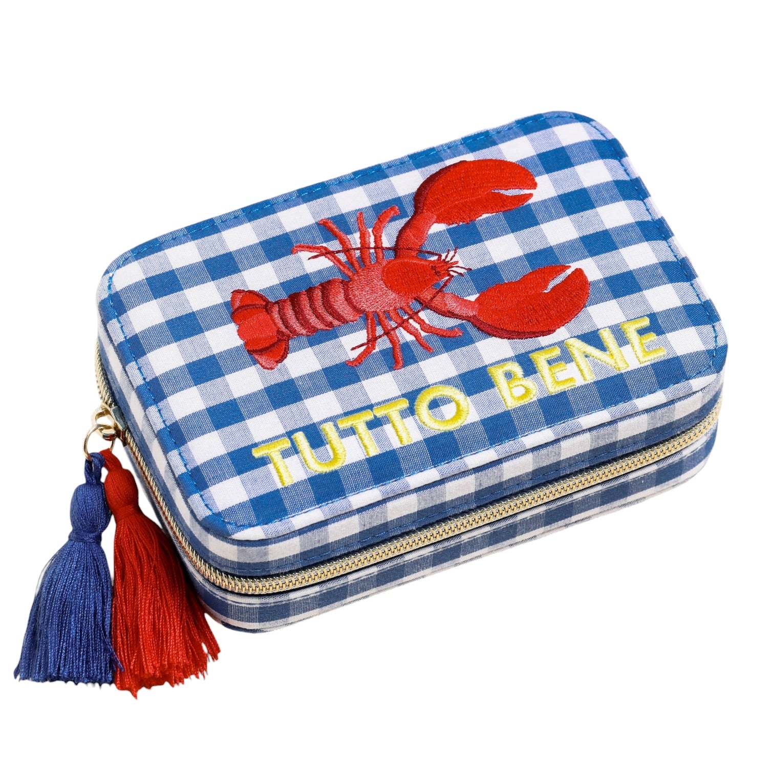 Small pouch with red lobster design and 'Tutto Bene' text on blue and white checkered background