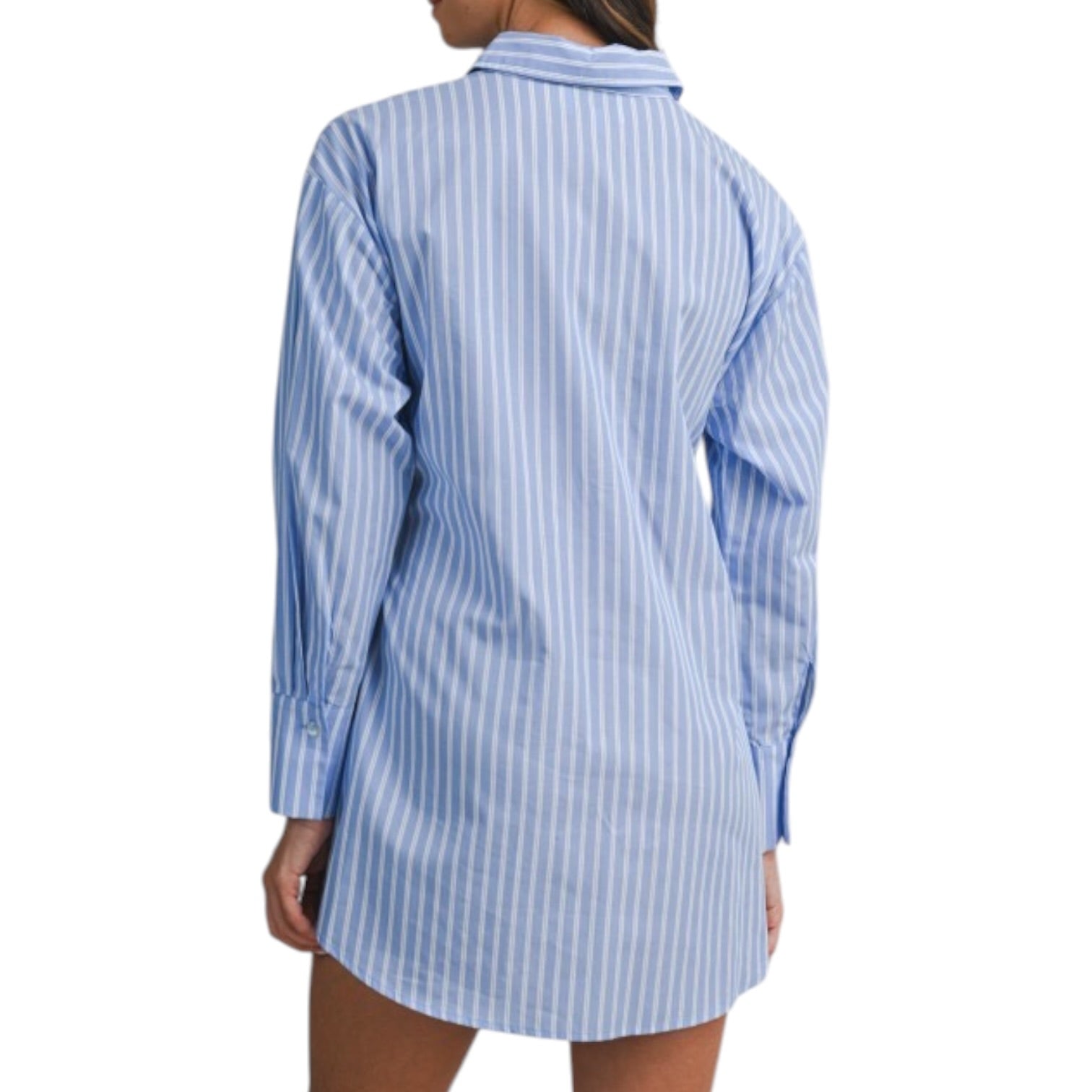 Blue and white striped shirt worn by a person on a white background