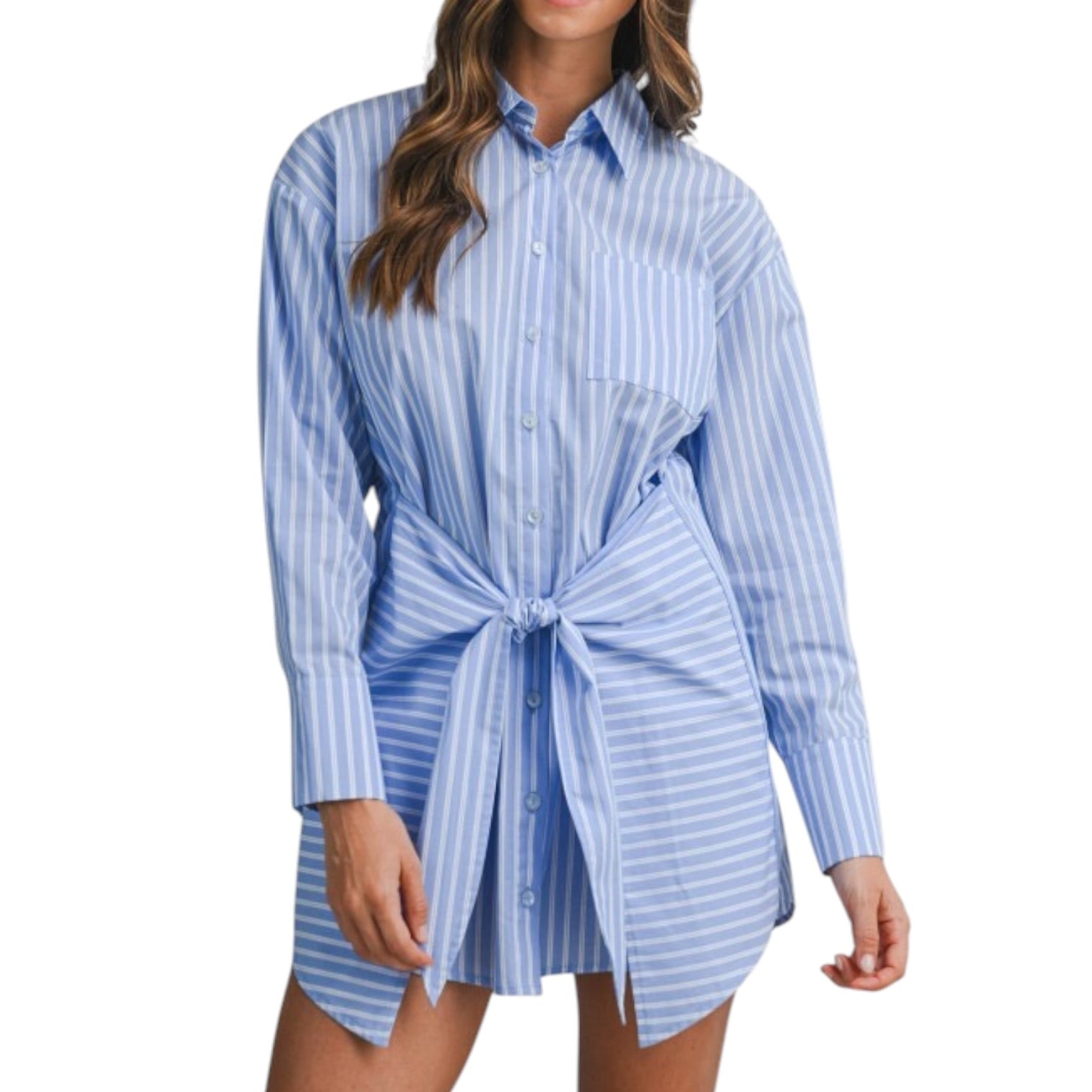 Woman wearing a blue and white striped shirt dress on a white background