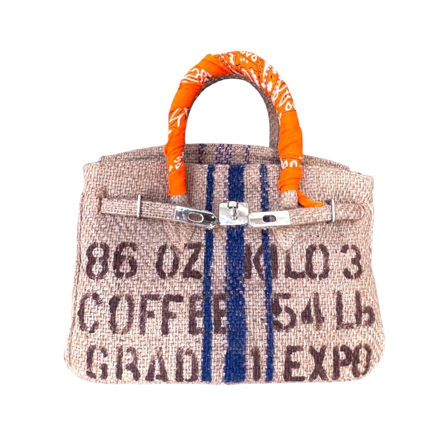 Handbag made from repurposed coffee sack with orange handle on a white background