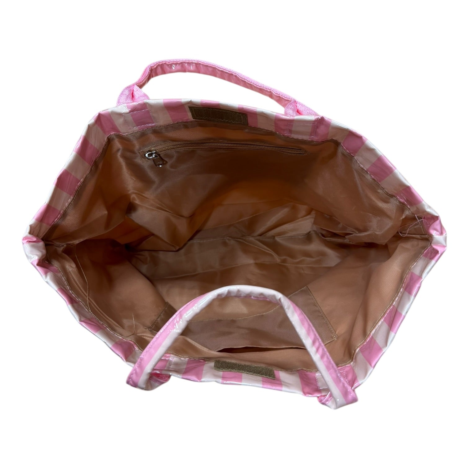 Tote bag with pink checkered pattern on a white background