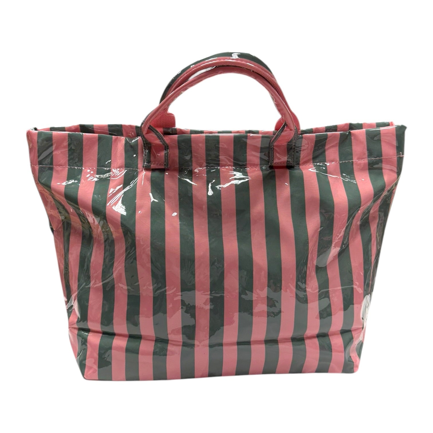 Striped tote bag with pink and black vertical stripes on a white background