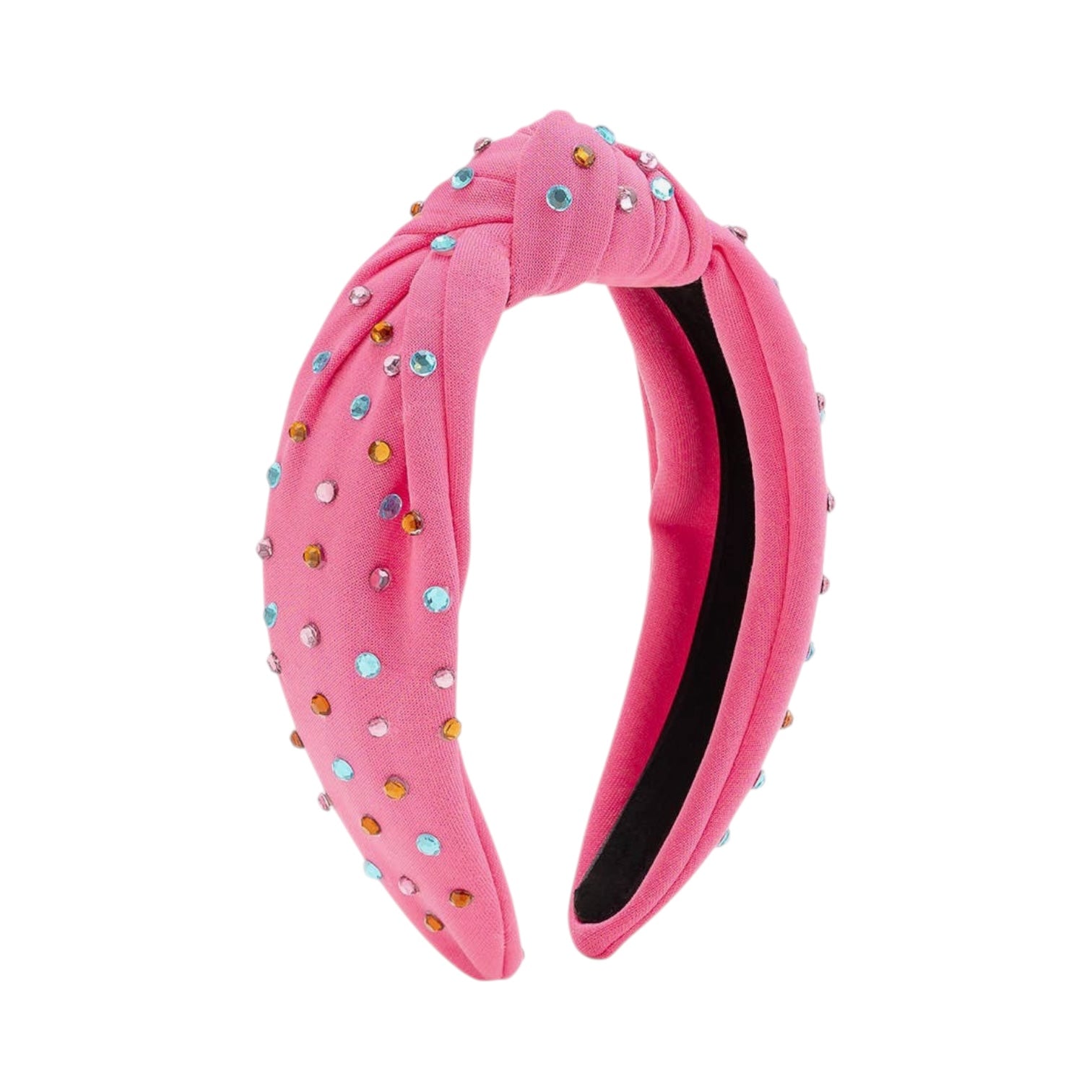 Pink headband with colorful embellishments on a white background
