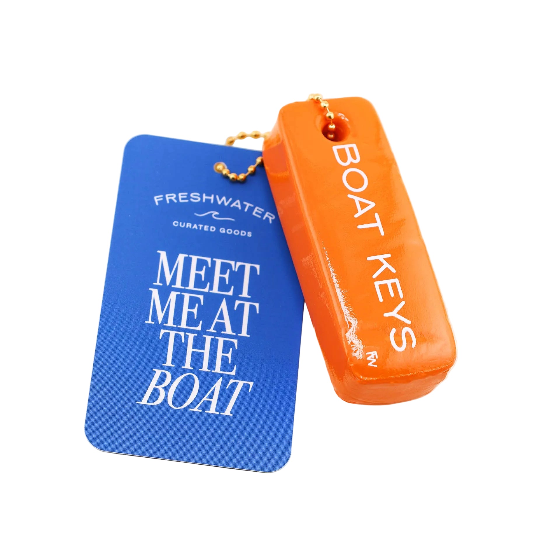 Blue and orange key fobs with text on a white background
