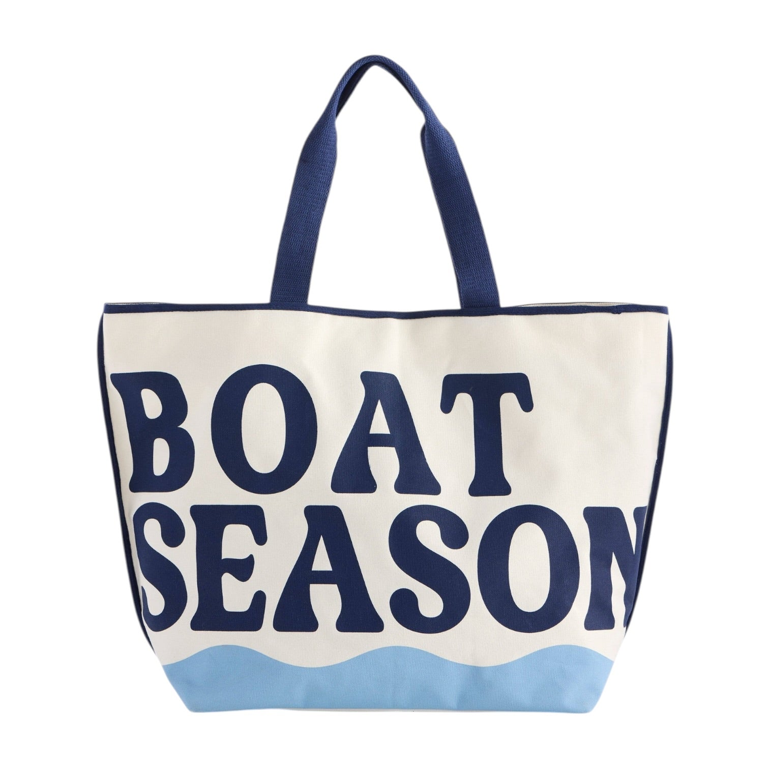 Tote bag with 'BOAT SEASON' text on a white background