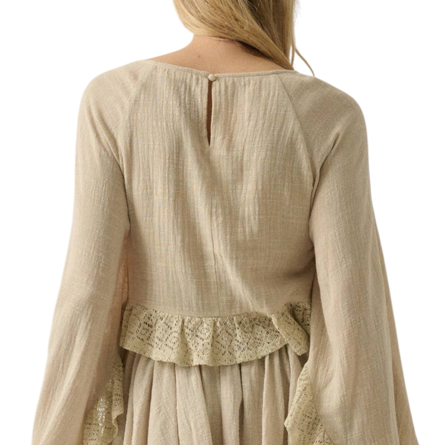 Beige long-sleeve top with lace trim on a white background