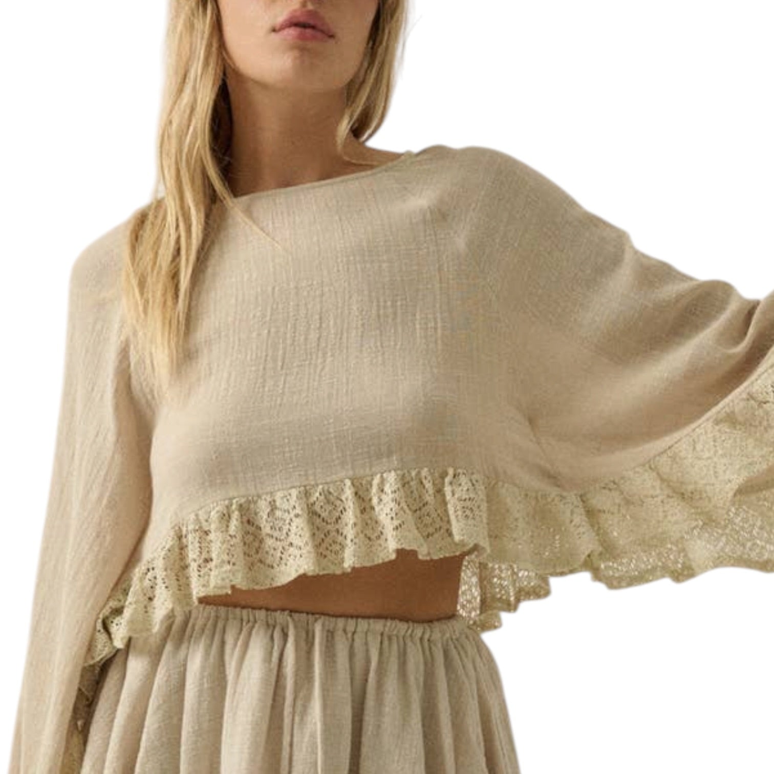 Beige dress with lace details on a white background