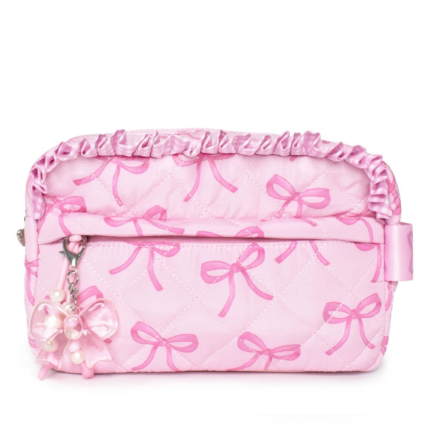 Pink cosmetic bag with bow pattern on a white background