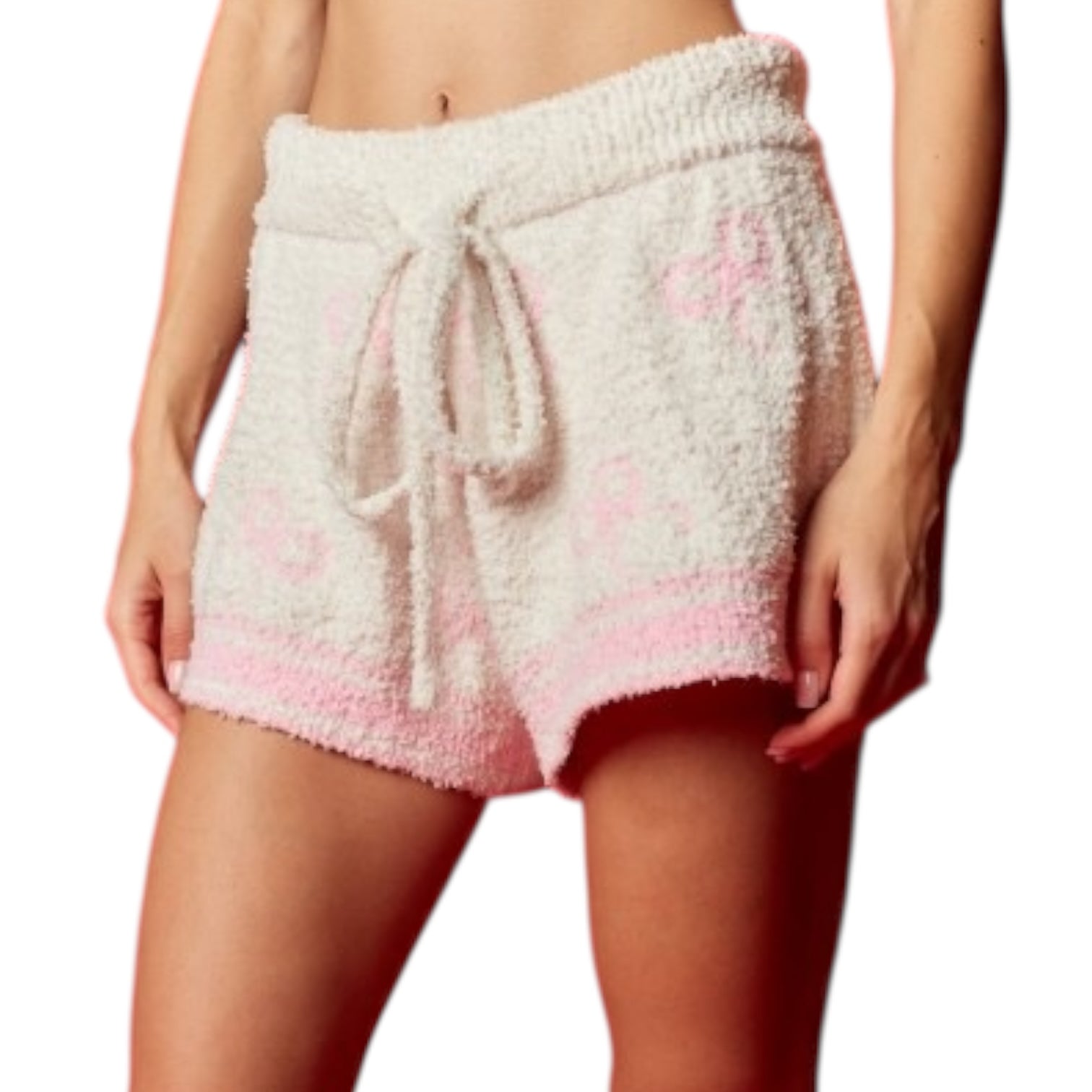White and pink shorts with a drawstring on a white background